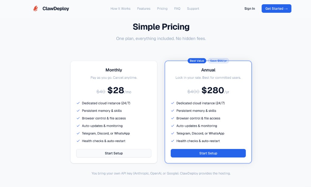 ClawDeploy pricing page showing monthly and annual plans with all features included