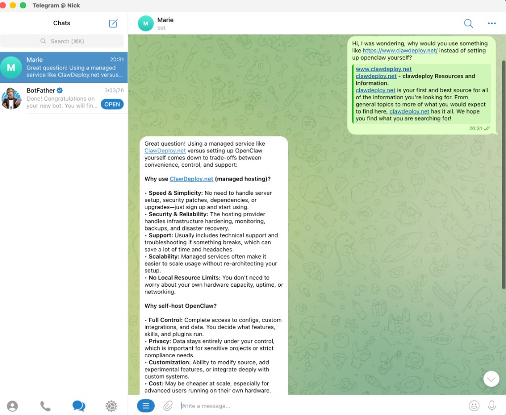 Real Telegram conversation with an OpenClaw bot answering a question about managed hosting vs self-hosting